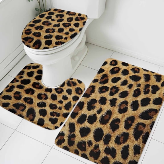 3 Piece Bathroom Rug Set, Fashion Sexy Animal Non Slip Bath Mat with Contour Toilet Mat and Lid Cover, Retro Brown Leopard Print Absorbent Soft Shower Mats for Bathroom