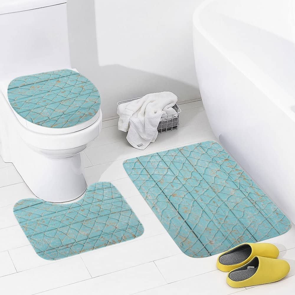 3 Piece Bathroom Rug Set Fishing Net Turquoise Blue Wood Background ...