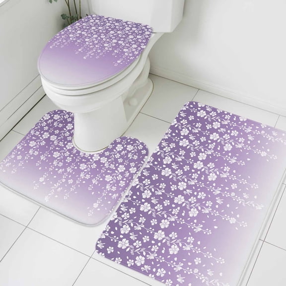 3 Piece Bathroom Rug Set, Flower White Non Slip Bath Mat with Contour Toilet Mat and Lid Cover, Cherry Blossoms Purple Background Absorbent Soft Shower Mats for Bathroom