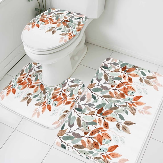 3 Piece Bathroom Rug Set, Green Orange Leaf Non Slip Bath Mat with ...
