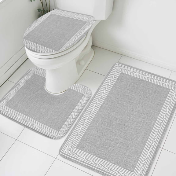 3 Piece Bathroom Rug Set, Grey Abstract Art Non Slip Bath Mat with Contour Toilet Mat and Lid Cover, Vintage Linen Greek Key Geometric Absorbent Soft Shower Mats for Bathroom