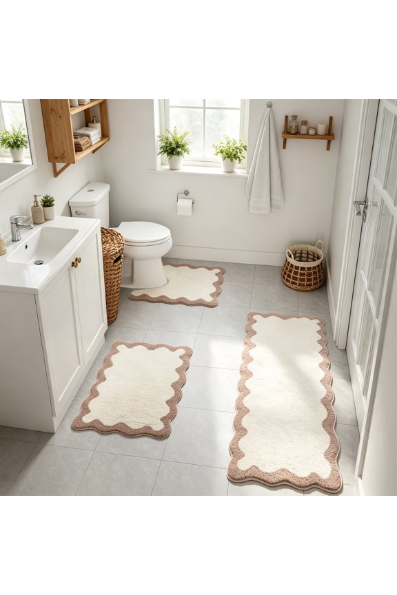 3 Piece Bathroom Rug Set Khaki Non-Slip Cute Bath Mat with U-Shaped Contour Quick Dry Absorbent Plush Microfiber Toilet Mat Modern Machine Washable Fun Floor Mats for Sink Tub Shower