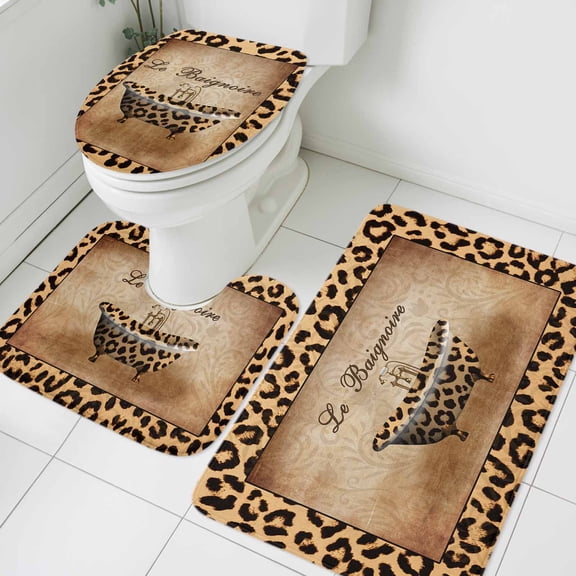 3 Piece Bathroom Rug Set, Leopard Bathtub Non Slip Bath Mat with Contour Toilet Mat and Lid Cover, Brown Animal Skin Printed Absorbent Soft Shower Mats for Bathroom