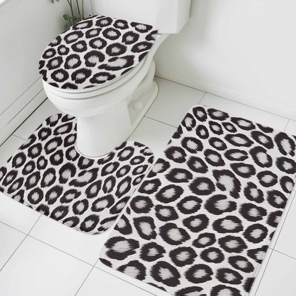 3 Piece Bathroom Rug Set, Leopard Print Non Slip Bath Mat with Contour Toilet Mat and Lid Cover, Black Gray Animal Texture Absorbent Soft Shower Mats for Bathroom