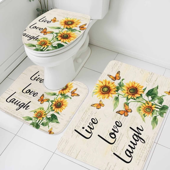 3 Piece Bathroom Rug Set, Live Love Laugh Non Slip Bath Mat with Contour Toilet Mat and Lid Cover, Sunflower Butterfly Absorbent Soft Shower Mats for Bathroom