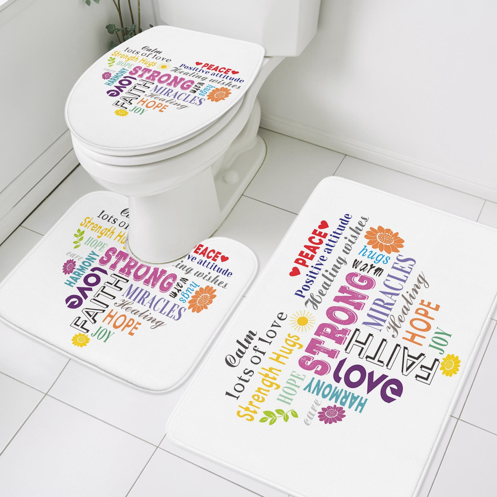 3 Piece Bathroom Rug Set, Love Peace Text Non Slip Bath Mat with ...