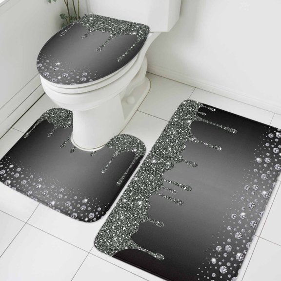 3 Piece Bathroom Rug Set, Luxury Diamond Non Slip Bath Mat with Contour Toilet Mat and Lid Cover, Shinning Grey Gradient Modern Art Absorbent Soft Shower Mats for Bathroom