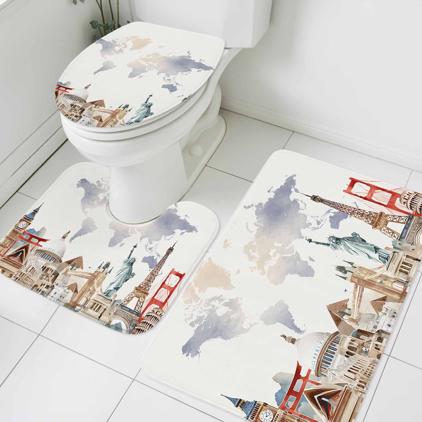 3 Piece Bathroom Rug Set, Maps Of The World Non Slip Bath Mat with ...