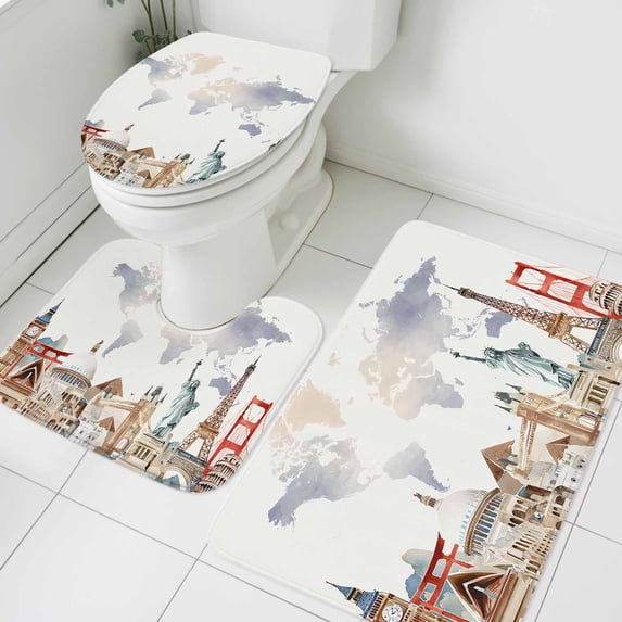 3 Piece Bathroom Rug Set, Maps Of The World Non Slip Bath Mat with ...