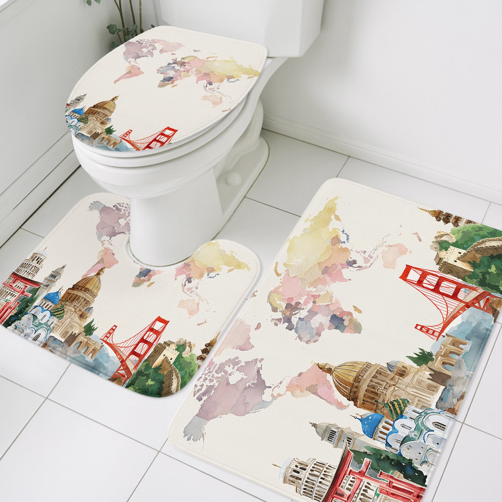 3 Piece Bathroom Rug Set, Maps Of The World Non Slip Bath Mat with ...