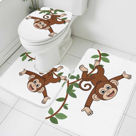 3 Piece Bathroom Rug Set, Monkey Animal Non Slip Bath Mat with Contour Toilet Mat and Lid Cover, Vine Monkeys Cartoon Decoration Absorbent Soft Shower Mats for Bathroom