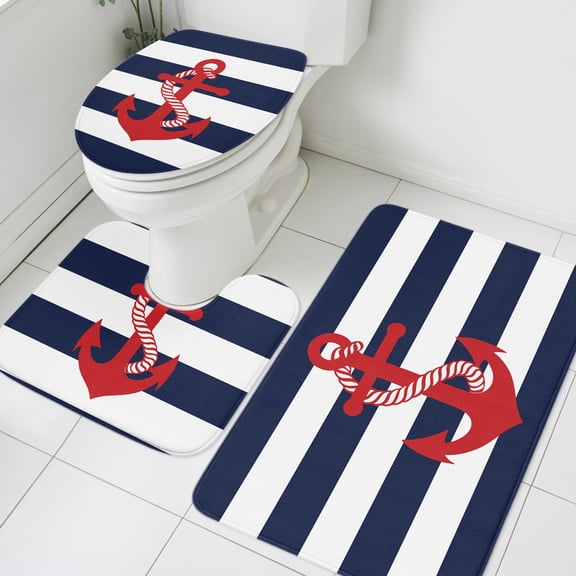 3 Piece Bathroom Rug Set, Nautical Anchor Non Slip Bath Mat with Contour Toilet Mat and Lid Cover, Coastal Navy Blue Stripe Absorbent Soft Shower Mats for Bathroom
