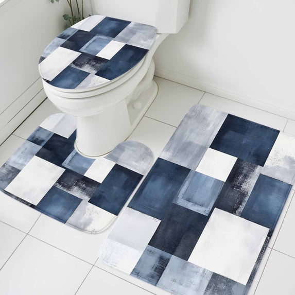 3 Piece Bathroom Rug Set, Navy Blue Grey White Non Slip Bath Mat with ...