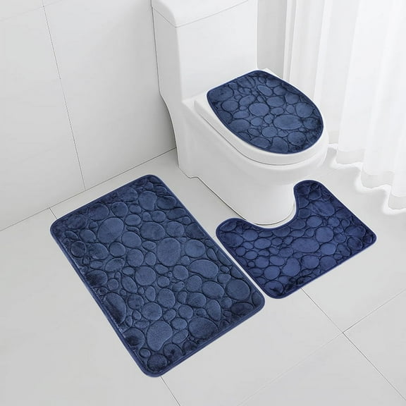 3-Piece Bathroom Rug Set - Non-Slip Water-Absorbent Floor Mats with Stone Pattern - Soft Comfortable Solid Color Bath Mats for Tub, Shower & Vanity