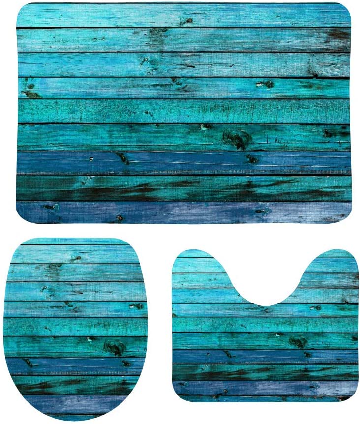 3 Piece Bathroom Rug Set Ocean Aqua Blue Teal Old Wood Background Turquoise Non-Slip Contour Mat + Toilet Lid Cover + Bath Mat