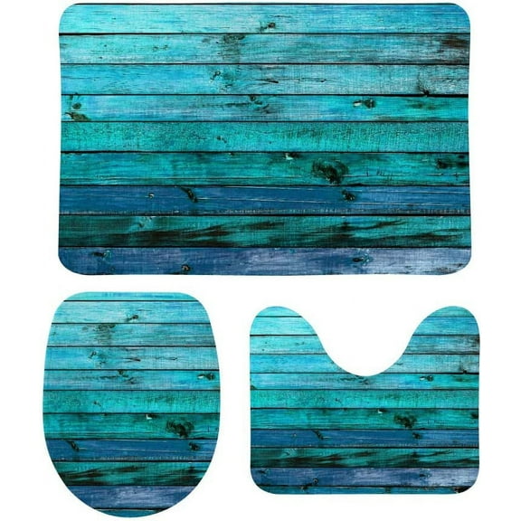 3 Piece Bathroom Rug Set Ocean Aqua Blue Teal Old Wood Background Turquoise Non-Slip Contour Mat + Toilet Lid Cover + Bath Mat