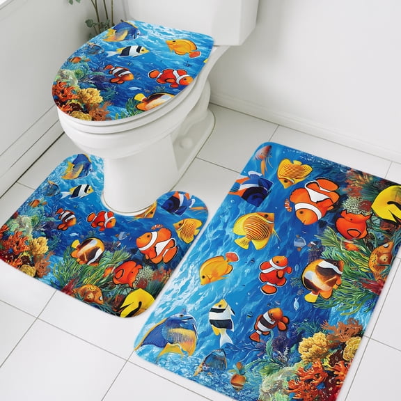 3 Piece Bathroom Rug Set, Ocean Marine Non Slip Bath Mat with Contour Toilet Mat and Lid Cover, Life Tropical Fish Coral Underwater World Absorbent Soft Shower Mats for Bathroom