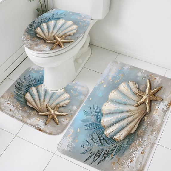3 Piece Bathroom Rug Set, Ocean Shell Starfish Non Slip Bath Mat with Contour Toilet Mat and Lid Cover, Palm Leaf Absorbent Soft Shower Mats for Bathroom