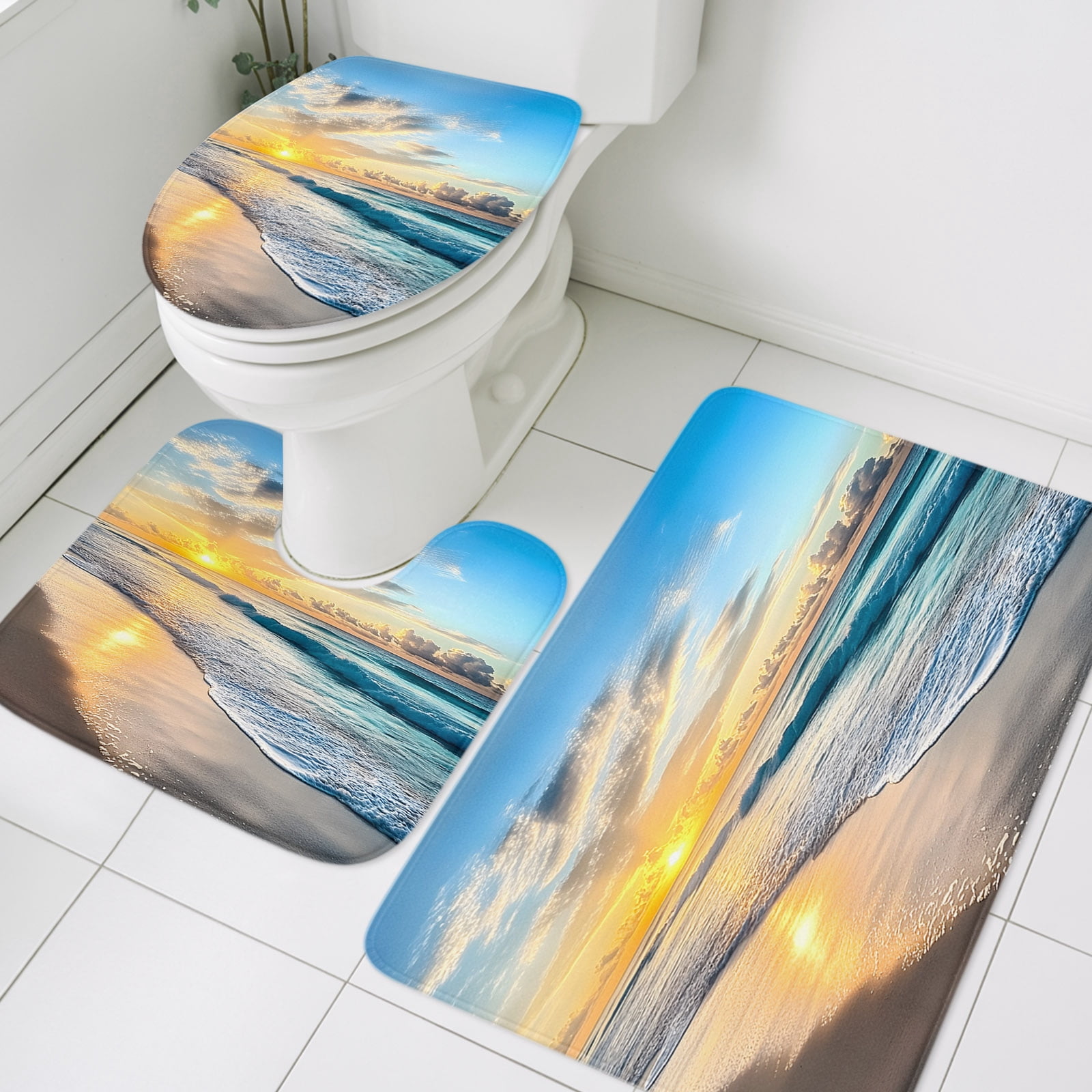 3 Piece Bathroom Rug Set, Ocean Sunrise Sunset Non Slip Bath Mat with ...