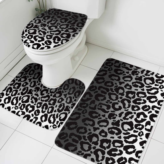 3 Piece Bathroom Rug Set, Ombre Leopard Non Slip Bath Mat with Contour Toilet Mat and Lid Cover, Print Black White Gradient Absorbent Soft Shower Mats for Bathroom