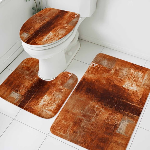 3 Piece Bathroom Rug Set, Orange Abstract Non Slip Bath Mat with Contour Toilet Mat and Lid Cover, Art Graffiti Paint Style Absorbent Soft Shower Mats for Bathroom