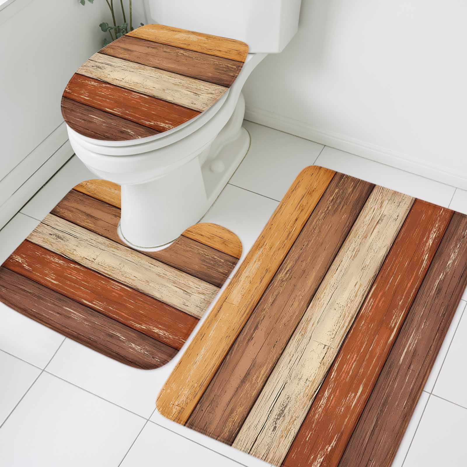 3 Piece Bathroom Rug Set, Orange Brown Wood Grain Non Slip Bath Mat with Contour Toilet Mat and Lid Cover, Vintage Farmhouse Country Style Absorbent Soft Shower Mats for Bathroom