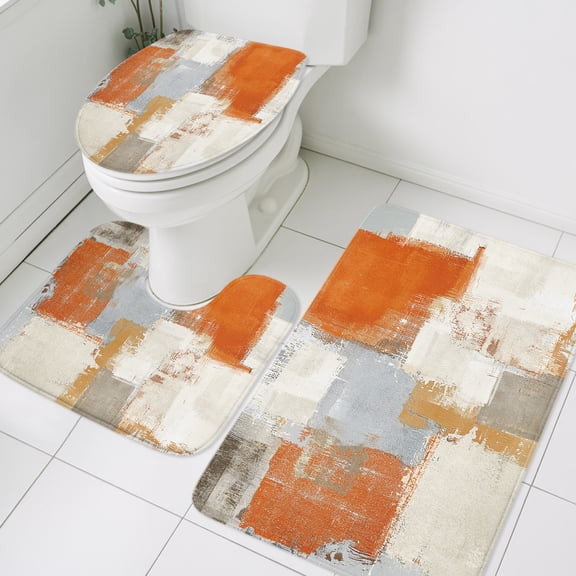 3 Piece Bathroom Rug Set, Orange Grey Abstract Non Slip Bath Mat with Contour Toilet Mat and Lid Cover, Modern Graffiti Absorbent Soft Shower Mats for Bathroom