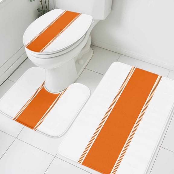 3 Piece Bathroom Rug Set, Orange Non Slip Bath Mat with Contour Toilet Mat and Lid Cover, Stripes Absorbent Soft Shower Mats for Bathroom