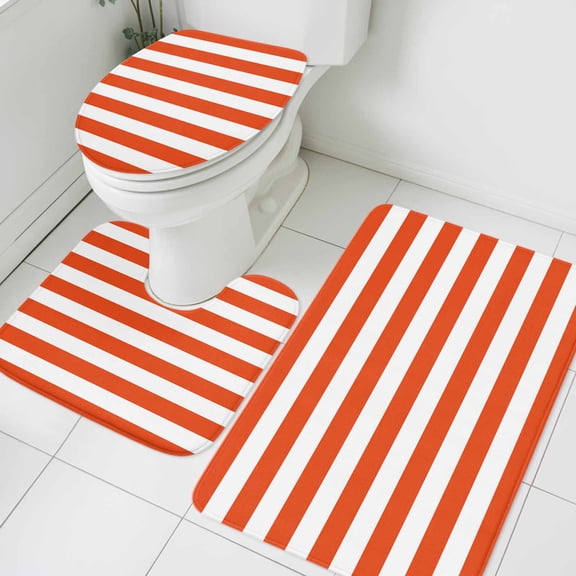 3 Piece Bathroom Rug Set, Orange and Non Slip Bath Mat with Contour Toilet Mat and Lid Cover, White Stripes Absorbent Soft Shower Mats for Bathroom
