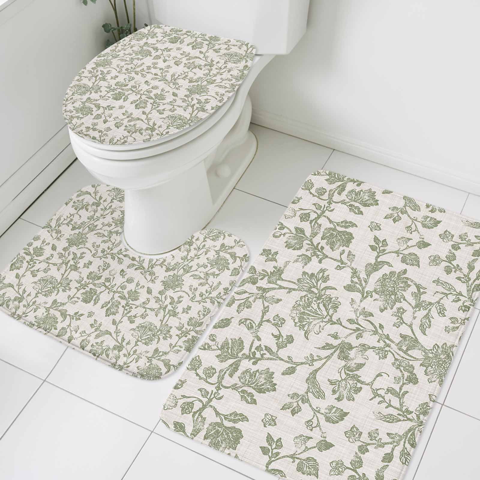 3 Piece Bathroom Rug Set, Pastoral Flowers Non Slip Bath Mat with ...