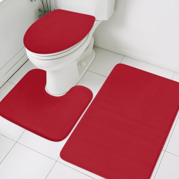 3 Piece Bathroom Rug Set, Red Non Slip Bath Mat with Contour Toilet Mat and Lid Cover, Solid Color Absorbent Soft Shower Mats for Bathroom