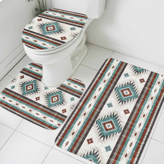 3 Piece Bathroom Rug Set, Red Teal Non Slip Bath Mat with Contour Toilet Mat and Lid Cover, Southwestern Native Aztec Ethnic Style Geometric Absorbent Soft Shower Mats for Bathroom