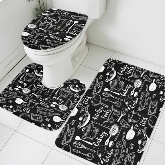 3 Piece Bathroom Rug Set, Retro Black White Non Slip Bath Mat with Contour Toilet Mat and Lid Cover, Kitchen Forks Spoons Boiler Simple Lines Absorbent Soft Shower Mats for Bathroom