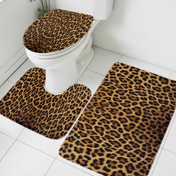 3 Piece Bathroom Rug Set, Retro Leopard Non Slip Bath Mat with Contour Toilet Mat and Lid Cover, Abstract Classic Texture Decoration Absorbent Soft Shower Mats for Bathroom