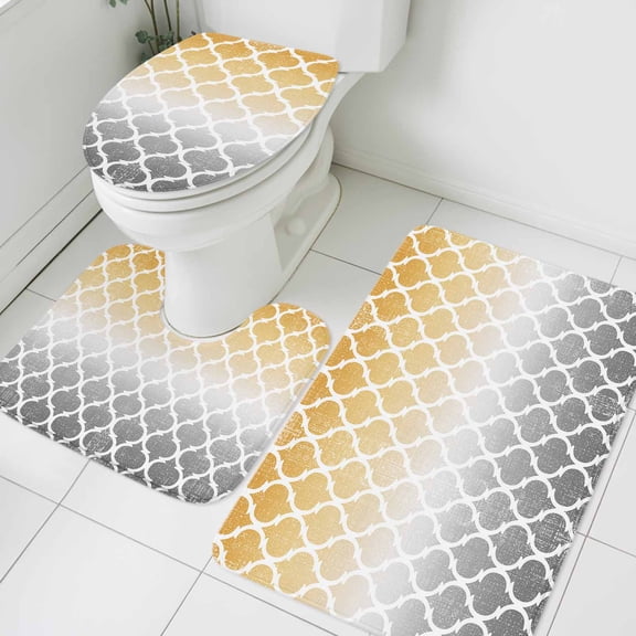 3 Piece Bathroom Rug Set, Retro Moroccan Non Slip Bath Mat with Contour Toilet Mat and Lid Cover, Trellis Yellow Grey Ombre Abstract Geometric Absorbent Soft Shower Mats for Bathroom