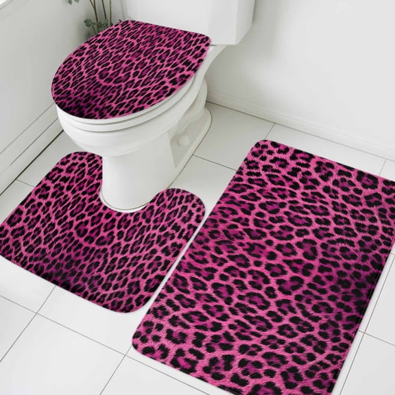 3 Piece Bathroom Rug Set, Retro Pink Leopard Non Slip Bath Mat with Contour Toilet Mat and Lid Cover, Abstract Classic Texture Absorbent Soft Shower Mats for Bathroom