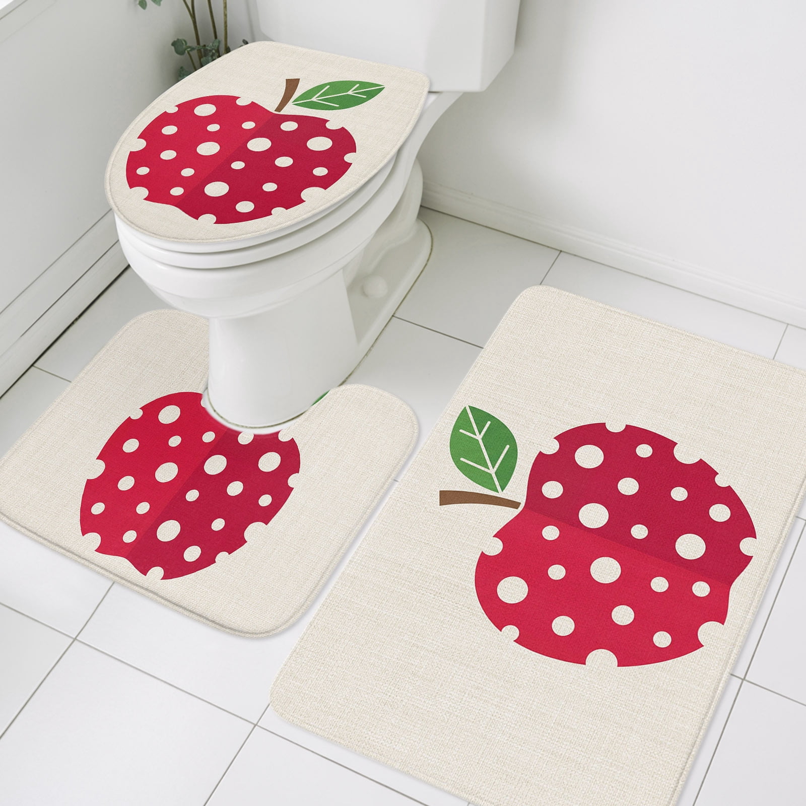3 Piece Bathroom Rug Set, Retro Red Fruit Non Slip Bath Mat with ...