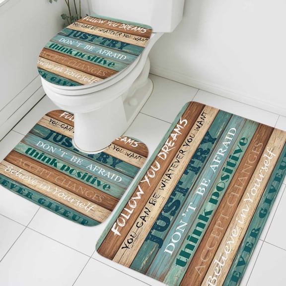 3 Piece Bathroom Rug Set, Retro Wooden Striped Non Slip Bath Mat with Contour Toilet Mat and Lid Cover, Follow You Dreams Just Try Vintage Absorbent Soft Shower Mats for Bathroom