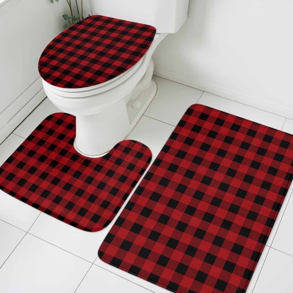 3 Piece Bathroom Rug Set, Rustic Red Non Slip Bath Mat with Contour ...