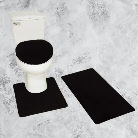 Gorgeous Home Linen 3pc Bathroom Soft Rug Set Large Rug , Contour Mat, and Toilet Lid Cover Rubber Backing Solid Color Black #6
