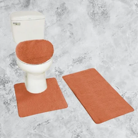 Gorgeous Home Linen 3pc Bathroom Soft Rug Set Large Rug , Contour Mat, and Toilet Lid Cover Rubber Backing Solid Color Brick #6