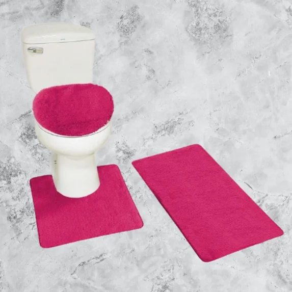 Gorgeous Home Linen 3pc Bathroom Soft Rug Set Large Rug , Contour Mat, and Toilet Lid Cover Rubber Backing Solid Color Hot Pink #6