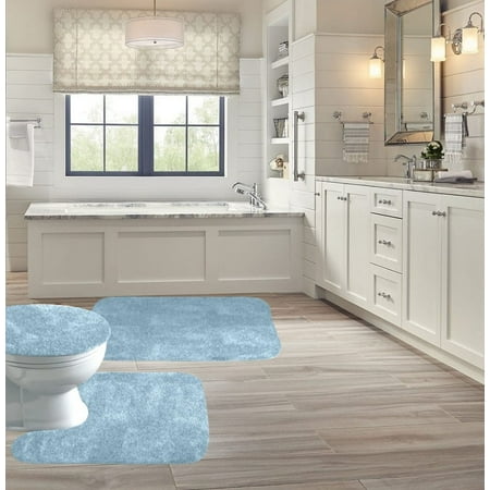 3-Piece Bathroom Rug Set Shiny LIGHT BLUE Soft Plush, Plain Large Rug , Contour Mat, and Toilet Lid Cover Rubber Backing