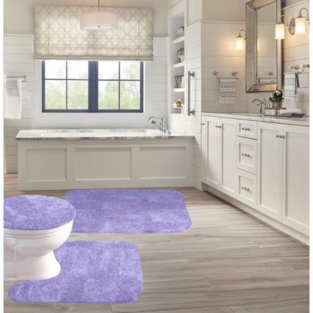 3-Piece Bathroom Rug Set Shiny LILAC Soft Plush, Plain Large Rug , Contour Mat, and Toilet Lid Cover Rubber Backing