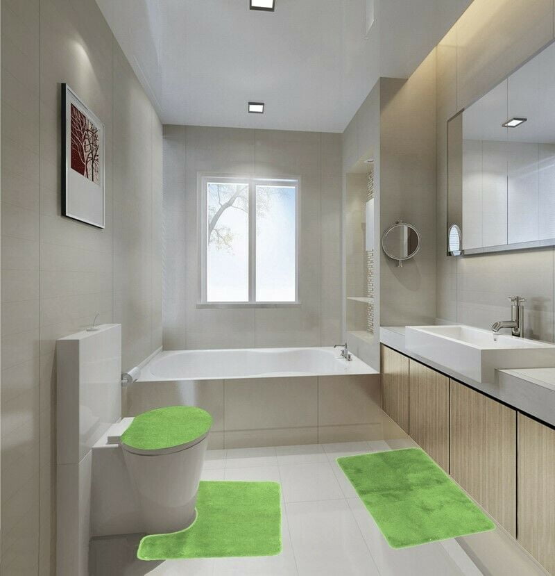 3-Piece Bathroom Rug Set Shiny LIME GREEN Soft Plush, Plain Large Rug , Contour Mat, and Toilet ...