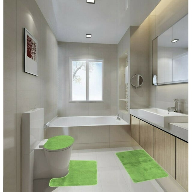 3Piece Bathroom Rug Set Shiny LIME GREEN Soft Plush, Plain Large Rug