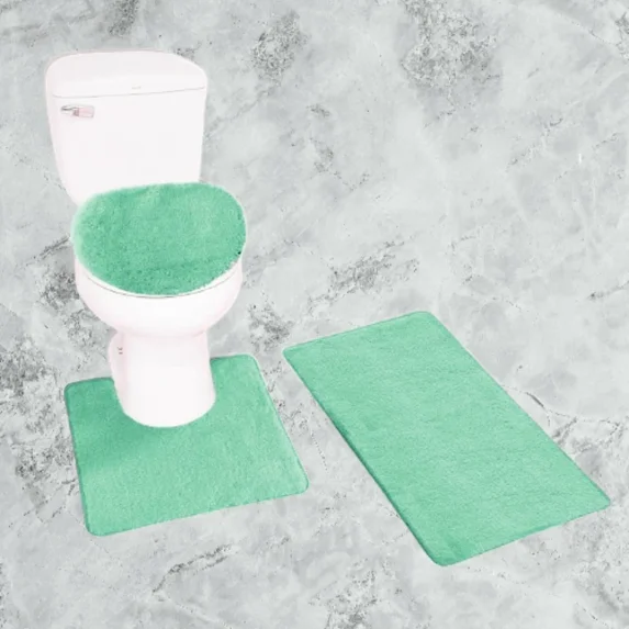 Gorgeous Home Linen 3pc Bathroom Soft Rug Set Large Rug , Contour Mat, and Toilet Lid Cover Rubber Backing Solid Color Mint Green #6