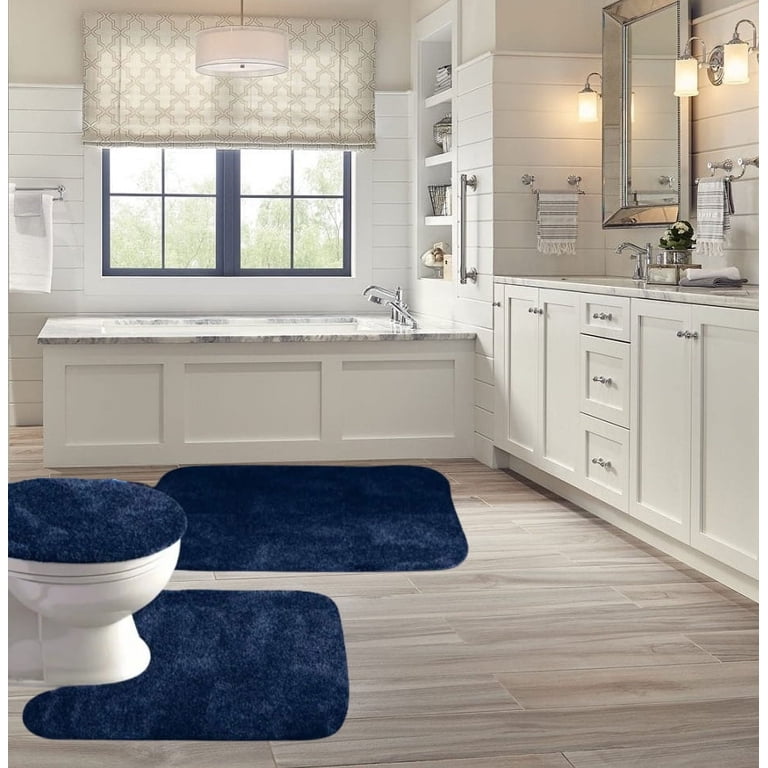 Navy Blue Bathroom Rugs Abstract Boho Non Slip Bath Mats Rugs,Navy