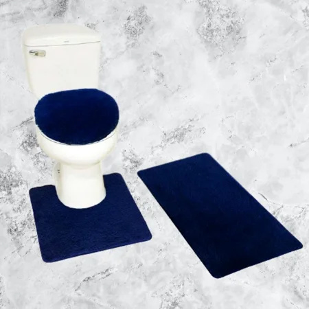 Gorgeous Home Linen 3pc Bathroom Soft Rug Set Large Rug , Contour Mat, and Toilet Lid Cover Rubber Backing Solid Color Navy Blue #6