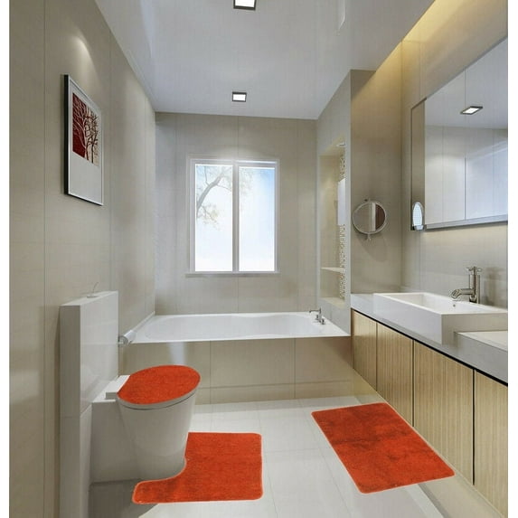 3-Piece Bathroom Rug Set Shiny ORANGE Soft Plush, Plain Large Rug , Contour Mat, and Toilet Lid Cover Rubber Backing